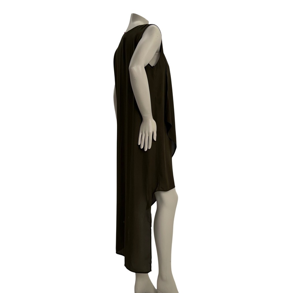 Olive Green High Low Draped V-Neck Top Sheer Dress Large Lagenlook Goblincore - Picture 3 of 10